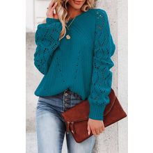 Blue-3 Hollow-out Puffy Sleeve Knit Sweater