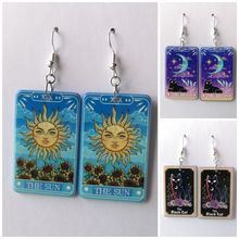 Tarot Card Acrylic Dangle Earrings. Silver Plated Moon/Sun/Black cat