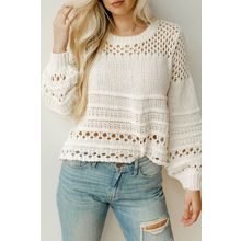 White Solid Color Pointelle Knit Puff Sleeve Sweater