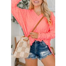 Apricot Pink Oversized Floral Jacquard V Neck Long Sleeve Top
