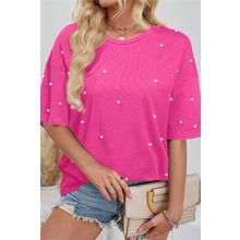 Bright Pink Pearl Beaded Drop Shoulder Crewneck T Shirt