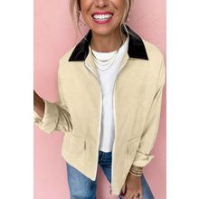 Parchment Contrast Leather Collar Textured Zip Up Jacket