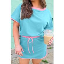 Turquoise Plus Size Contrast Trim T Shirt and Skirt Two Piece Set
