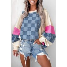 Sky Blue Oversized Checkered Denim Exposed Seam Patchwork Casual Sweatshirt