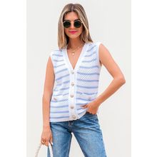 Sky Blue Stripe V Neck Gold Buttons Elegant Sweater Vest