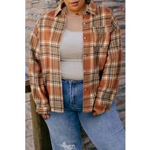 Brown Plaid Print Flap Pocket Buttoned Plus Size Shacket