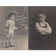 German Cheeky Puzzled Boy Child In Braces 2x Old Postcard s