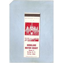 New York Derby Matchcover Highland Motor Court Rt 5 w/Low Phone Number ny_~2368