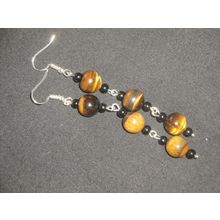 Stunning polished rich tigers eye & black agate unique long swing earrings NEW