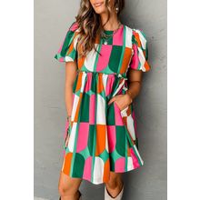 Green Abstract Print Puff Sleeve Short Dress