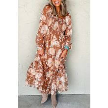 Brown Floral Print Shirred Square Neck High Waist Maxi Dress