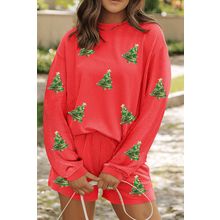 Gold Flame Sequin Christmas Tree Corded Long Sleeve Top ans Shorts Set