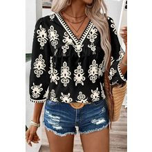Black Vintage Geometric Printed 3/4 Sleeve V Neck Blouse
