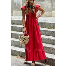 Fiery Red V Neck Flutter Sleeve Smocked Bodice High Waist Ruffle Maxi Dress