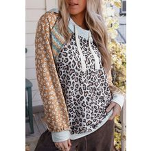 Multicolor Leopard Floral Patchwork Drawstring Hoodie