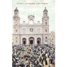 Las Palmas Spanish Spain Cathedral Gran Canaria Crowds Gathered Antique Postcard