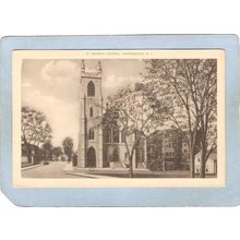 Rhode Island Woonsocket Postcard St Charle's Church Street Scene w/Old Car~1282