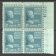 826 21c Chester Arthur Fine MNH Plt/4 UR 22114 Y0083