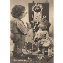 Austria Hedgehog Human Painter Old Childrens RPC Postcard