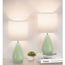 Ceramic Table Lamps Set of 2, Small Green Bedside Lamps for Bedroom Modern Night