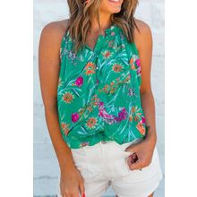 Bright Green Floral Print Buttoned Neckline Tank Top