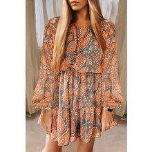 Orange Paisley Print Loose Fit Drawstring High Waist Mini Dress