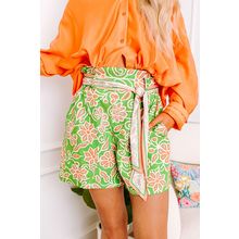 Green Floral Print Pocketed Front Knot High Waist Casual Shorts