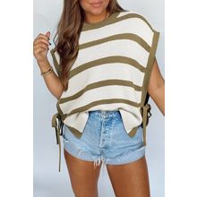 Khaki Stripe Tie Open Side Sweater Knitted Top