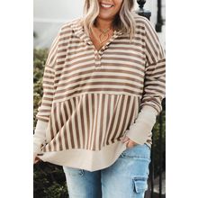 Brown Stripe Quarter Buttons Drop Sleeve Plus Size Hoodie