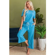Blue Leopard Jacquard Short Sleeve Top and Wide Leg Pants Set