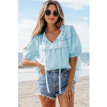 Mist Blue Embroidered Lace Patchwork Tie Neck Puff Short Sleeve Blouse