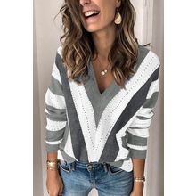 Gray Striped Colorblock V Neck Knitted Sweater