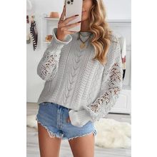 Gray Crochet Lace Pointelle Knit Sweater