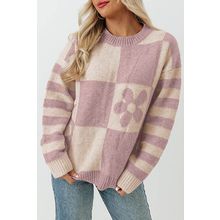 Orchid Petal Checkered Floral Print Striped Sleeve Sweater