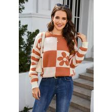 Brown Checkered Floral Print Striped Sleeve Sweater