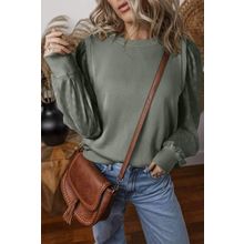 Grayish Green Textured Patchwork Round Neck Sweatshirt