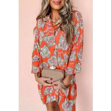 Red Floral Print Lapel Collar Loose Shirt Mini Dress