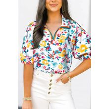 Peacock Blue Floral Print Slit V Neck Short Sleeve Blouse