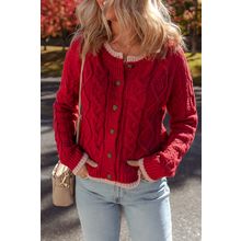 Racing Red Color Contrast Edge Cable Knit Buttoned Cardigan