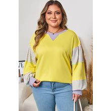 Yellow Striped Color Block Patchwork Crewneck Plus Size Pullover Sweatshirt
