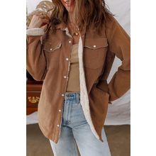 Cinnamon Fleece Lined Buttoned Flap Pockets Corduroy Jacket