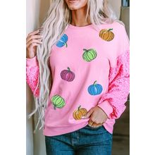 Pink Sequin Sleeve Pumpkin Pattern Thanksgiving Halloween Patchwork Pullover Top