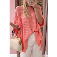 Fresh Salmon Rolled Cuffs Loose Knit Tee with Slits