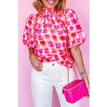 Pink Abstract Print Button Back Ruffed High Neck Blouse