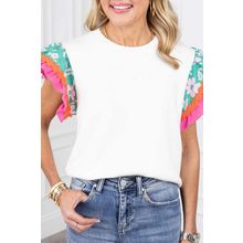 White Contrast Ricrac Floral Sleeve Top
