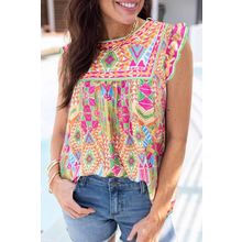 Orange Geometric Print Ruffled Trim Tank Top