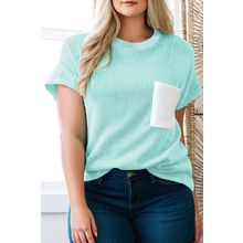 Light Blue Twisted Rib Contrast Pocket Knit Crew Neck Plus Size T Shirt