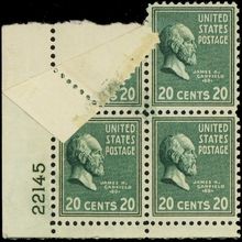 825 Var, Mint LH Double Paper With Tape Splice PL# Block of Four - Stuart Katz