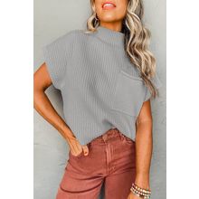 Gray Patch Pocket Ribbed Knit Short Sleeve Sweater