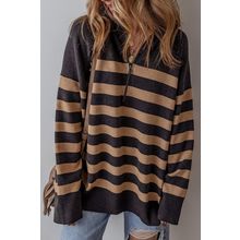 Black Stripe Collared Quarter Zipper Oversized Sweater